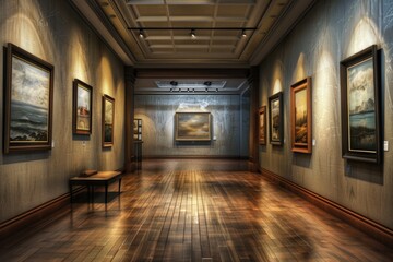 A long hallway lined with paintings