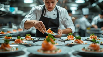 A dedicated food service worker plating a beautifully presented dish in an upscale restaurant, paying attention to detail