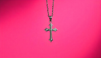 A silver cross pendant on a chain against a pink background