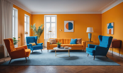 Fototapeta premium A modern living room with orange walls and a blue rug, featuring a yellow couch and blue and orange armchairs