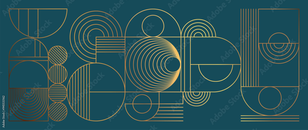 Wall mural Luxury geometric gold line art and art deco background vector. Abstract geometric frame and elegant art nouveau with delicate. Illustration design for invitation, banner, vip, interior, decoration.