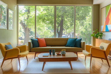 Fototapeta premium A mid-century modern living room with an olive green, mustard yellow and coral color scheme