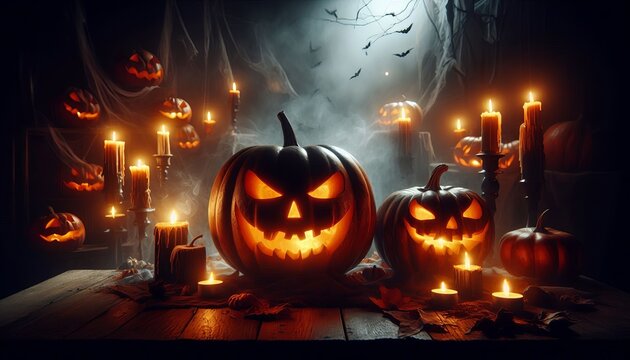two evil jack-o'-lanterns among candles in a gloomy setting