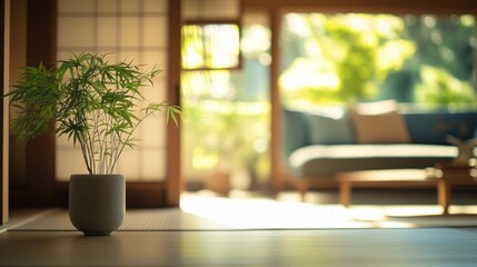 Japanese Interior Design with a Plant in Focus