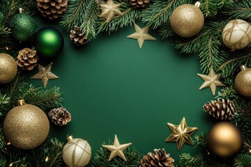 A green background with a lot of Christmas decorations including stars and pine cones. The decorations are gold and silver
