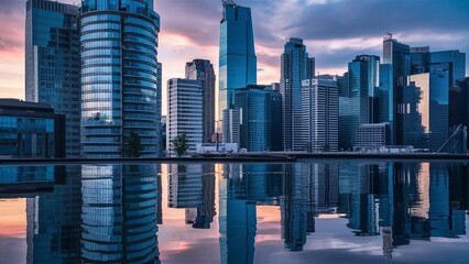 Reflective skyscrapers of a business office building, showcasing the sleek glass facades and modern architecture