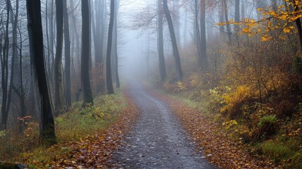 Autumnal Forest Path in Mist