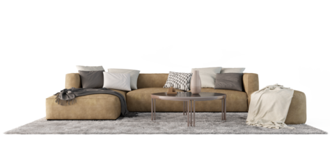 Brown leather sofa set with stool rug and table isolated PNG