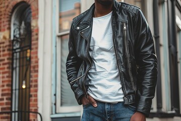 a man wearing a black leather jacket and a white t - shirt