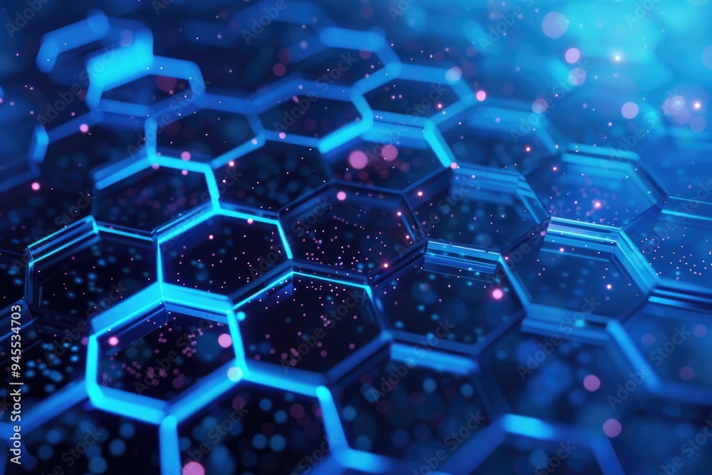 Fototapete A close-up shot of a computer keyboard with blue hexagons, suitable for tech-related projects or designs