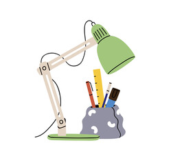 Desk lamp and pen holder on workplace. Table desktop light and stationery items. Pencils, ruler, school tools, supplies for study. Flat graphic vector illustration isolated on white background