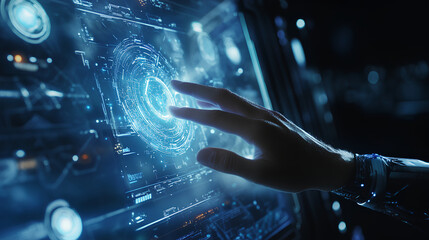 Close-up image of a person's hand interacting with a futuristic screen.