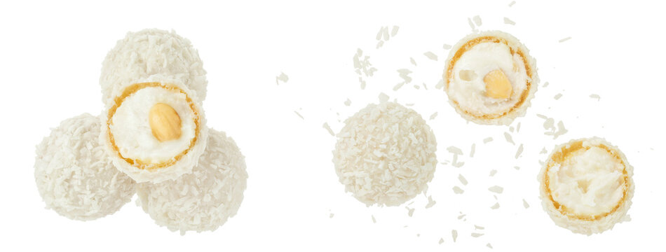 round candy raffaello with coconut flakes and nut isolated on white background. Top view. Flat lay.