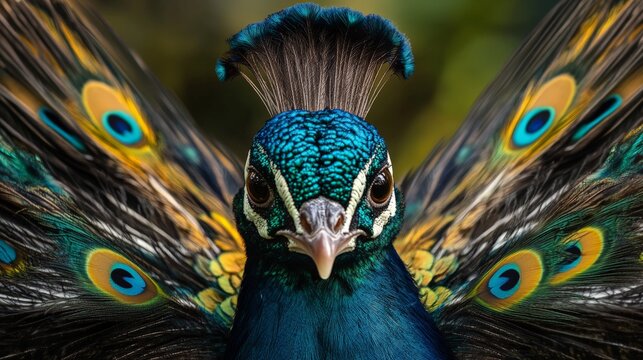 A detailed close-up of a majestic peacock spreading its vibrant and colorful feathers, showcasing its natural beauty and elegance. The background is gracefully blurred focusing entirely on the peacoc