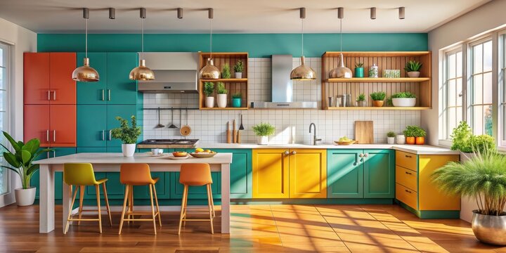 Stylish eclectic kitchen featuring mixed materials and vibrant colors , eclectic, stylish, kitchen, mixed materials