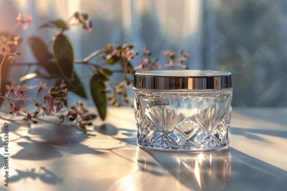 Poster A clear glass jar with a silver lid sits on a table, ready for use