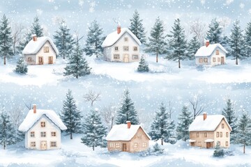 Fototapeta premium A series of houses with snow on the roofs and trees in the background. The houses are all different sizes and are situated in a snowy landscape