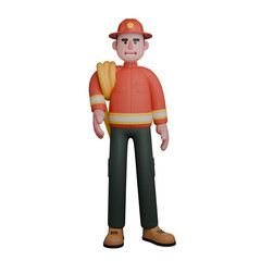 Firefighter Male Professional. A firefighter is standing with a fire hose on his right shoulder. 3D Cartoon Illustration