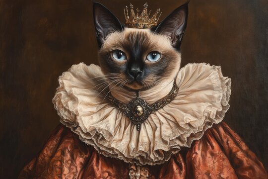 A noble cat, wearing a magnificent crown and ornate royal garments adorned with lace, poses with a regal air in this finely detailed portrait against a dark background.