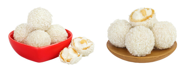 round candy raffaello with coconut flakes and nut in ceramic bowl isolated on white background