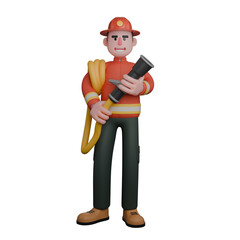 Male Firefighter in Rescue 3D. A firefighter is standing with both hands holding a fire hose. Professional