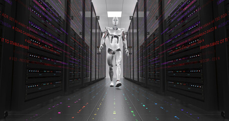 AI Robot Checking Servers In A Futuristic Data Center. Technology Related 3D Render.