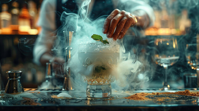 Mixologist creating a smoke-infused non-alcoholic cocktail, action shot of smoke swirling. Generative AI.