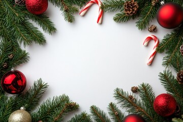 A Christmas tree with red and white decorations and a white background. The tree is surrounded by pine needles and red and white candy canes
