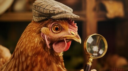 Hilarious Chicken Detective with Magnifying Glass and Plaid Hat in Rustic Setting - Perfect for Humorous and Whimsical Themes