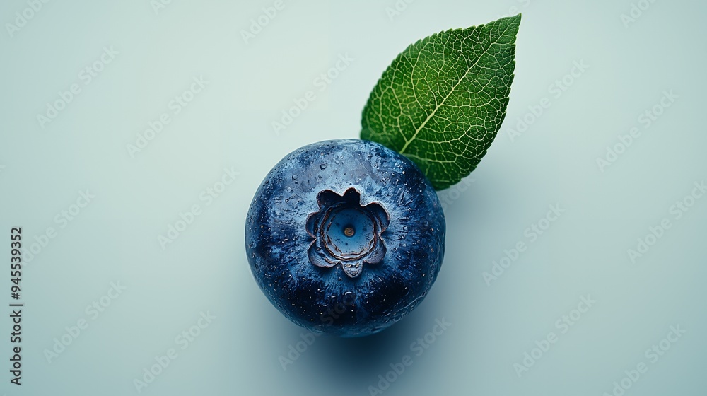 Wall mural A close-up of a blueberry with a green leaf on a light background.