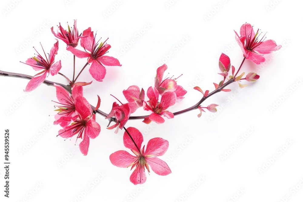Poster a branch of pink flowers against a clean white background, perfect for adding a pop of color to any 