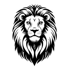 Obraz premium Lion Silhouette with Majestic Mane, Black and white silhouette of a lion with a detailed and majestic mane, symbolizing strength, power, and royalty. 