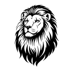 Obraz premium Lion Silhouette with Majestic Mane, Black and white silhouette of a lion with a detailed and majestic mane, symbolizing strength, power, and royalty. 