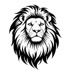 Obraz premium Lion Silhouette with Majestic Mane, Black and white silhouette of a lion with a detailed and majestic mane, symbolizing strength, power, and royalty. 