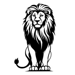 Obraz premium Lion Silhouette with Majestic Mane, Black and white silhouette of a lion with a detailed and majestic mane, symbolizing strength, power, and royalty. 