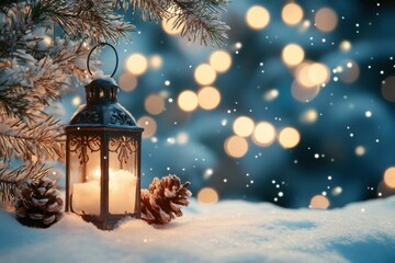 A candle in a lantern is lit on a snowy ground. The lantern is surrounded by pine cones and is placed on a tree branch. The scene is serene and peaceful, with the candlelight creating a warm