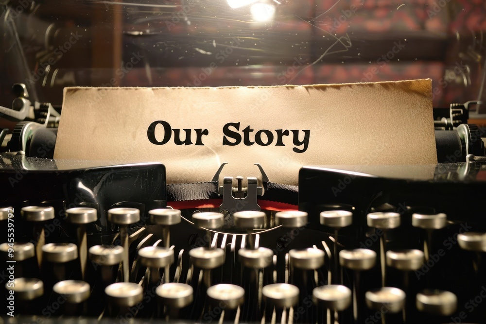Fototapete our story, says beginning of story on a page in an old-fashioned retro typewriter typescript in an o