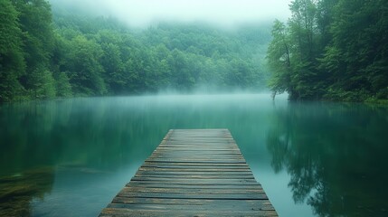 serene lakeside scene with weathered wooden dock misty morning light filters through lush forest calm water reflects surrounding nature tranquil summer escape