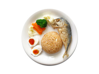 Thai food, fried rice with soy sauce eat with fried short mackerel, salty boiled eggs and boiled vegetables