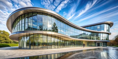 Modern architectural building with curvy stone and glass exterior design, Curvy, Stone, Glass, Modern