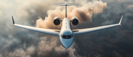 Private jet with its engines spewing out a mixture of smoke and toxic waste barrels, illustrating the pollution and environmental harm associated with luxury air travel