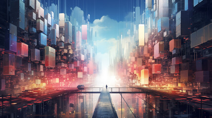 Futuristic Cityscape with Person Walking on Bridge