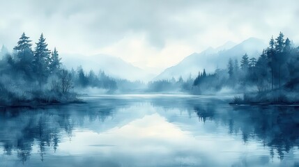 Fototapeta premium serene watercolor river landscape soft blue hues blending with misty greys gentle ripples and swirls ethereal atmosphere tranquil nature scene