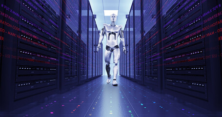 Futuristic Robot Walking In The Server Room. High Tech Robot. Technology Related 3D Render.