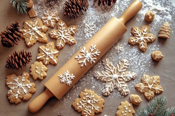 Fototapeta premium Christmas background with a flat lay of festive holiday cookies and a rolling pin