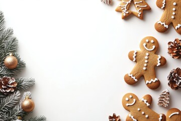 A white background with a row of gingerbread men and pine cones