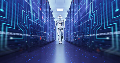 AI Controlled Server Room. High Tech Robot Walking Confidently. Technology Related 3D Render.
