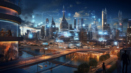 Futuristic Cityscape with Connected Technology Network and People