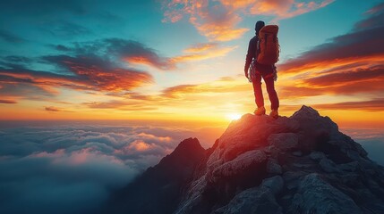 Obraz premium silhouette of a determined climber ascending a majestic mountain peak dramatic sunset sky with vibrant hues creates an inspiring scene of perseverance and achievement