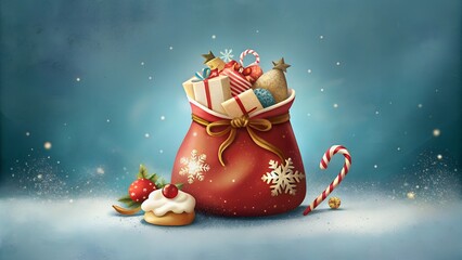 Simple Digital Illustration of Christmas Bag with Sweets and Large Text Space. Perfect for: Christmas, holiday gift tags, festive invitations